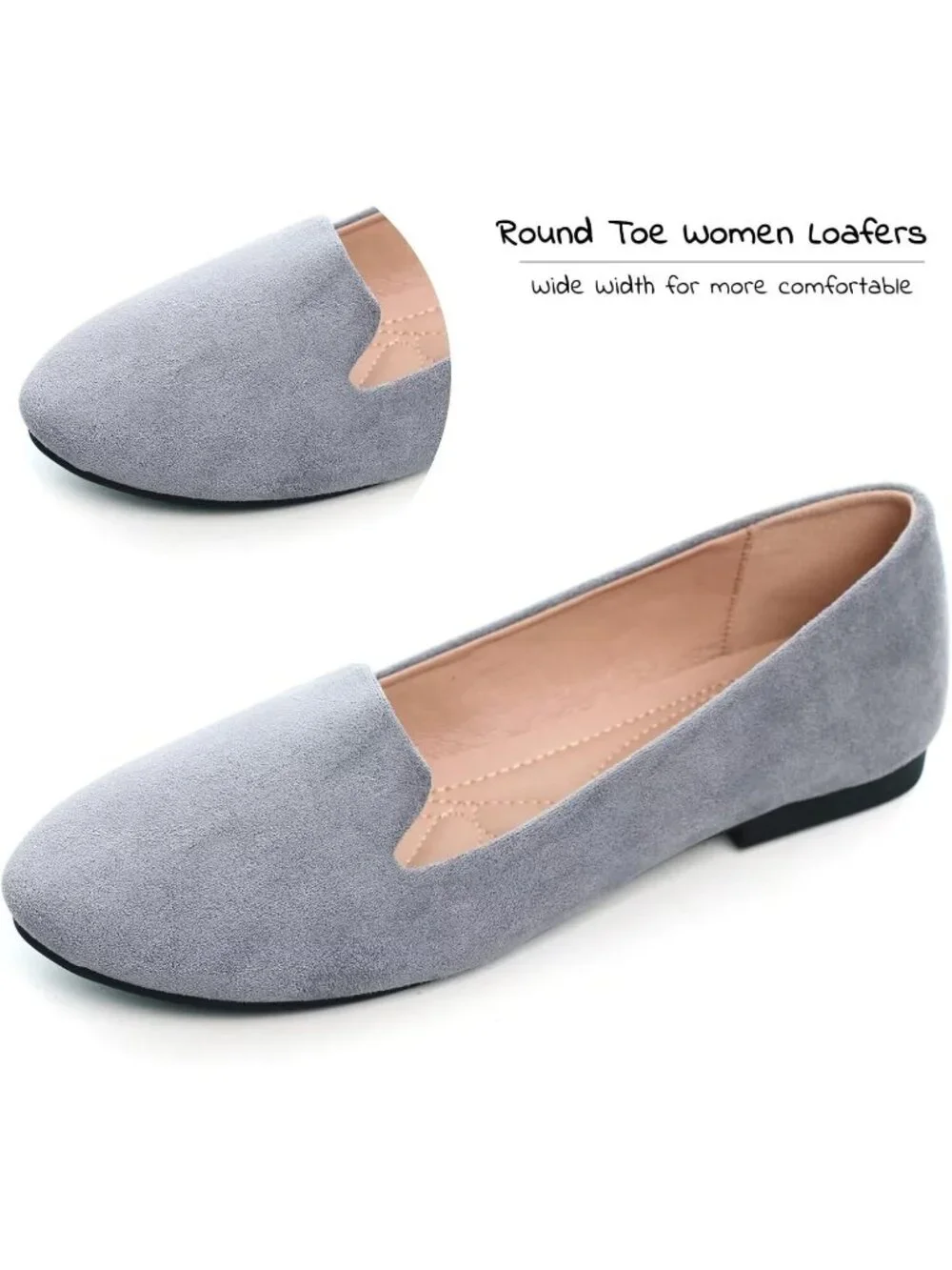 Women's Grey Round Toe Comfortable Low Heel Slip On Loafer Ballet Flat Shoes